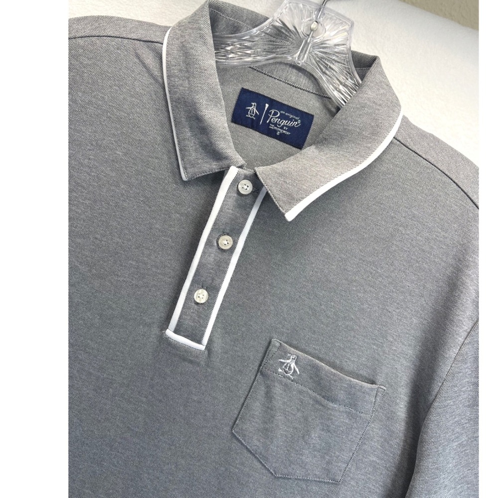 Original Penguin Munsingwear Mens Gray Polo Shirt White Trim Pocket SHI Size L